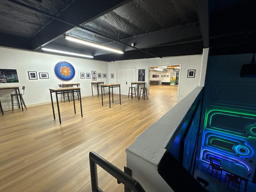The gallery space directly above the cafe, which can be closed off from the main event space.